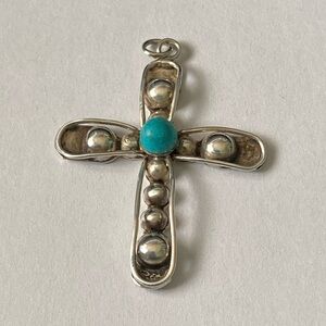 TAXCO Mexico Vintage Silver Silver and Turquoise Cross Pendant